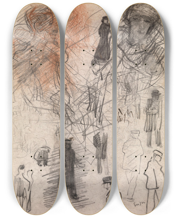 Triptych art skateboard deck of James Ensor Silhouettes And Heads by James Ensor (1860-1949)