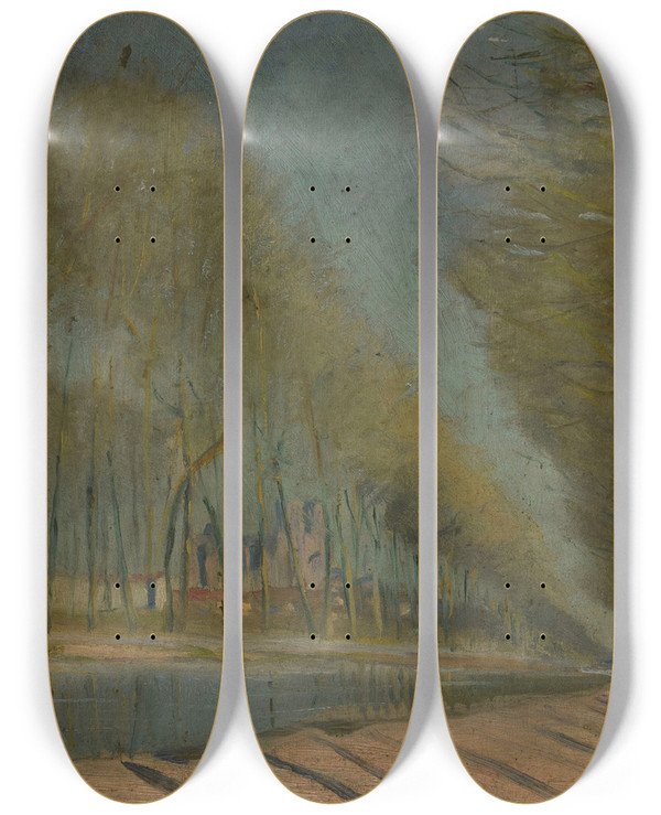 Triptych art skateboard deck of Paul Jamot Bords Du Canal Reims by Paul Jamot (1863-1939)