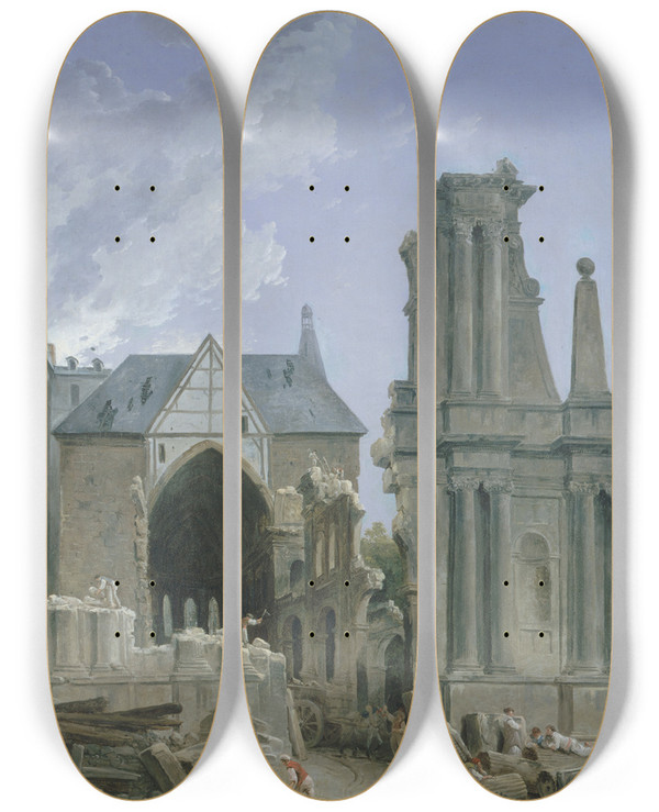 Triptych art skateboard deck of Hubert Robert Leglise Des Feuillants En Dmolition by Hubert Robert (1733-1808)