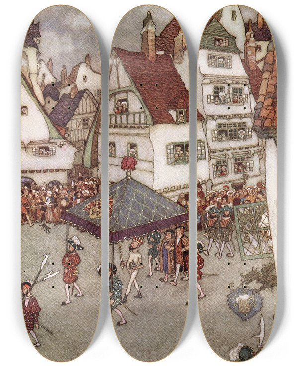 Triptych art skateboard deck of Edmund Dulac The Emperors New Clothes Pl 2 by Edmund Dulac (1882-1953)