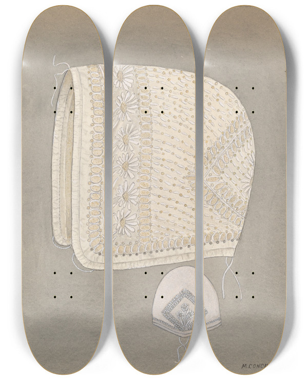 Triptych art skateboard deck of Margaret Concha Babys Cap by Margaret Concha