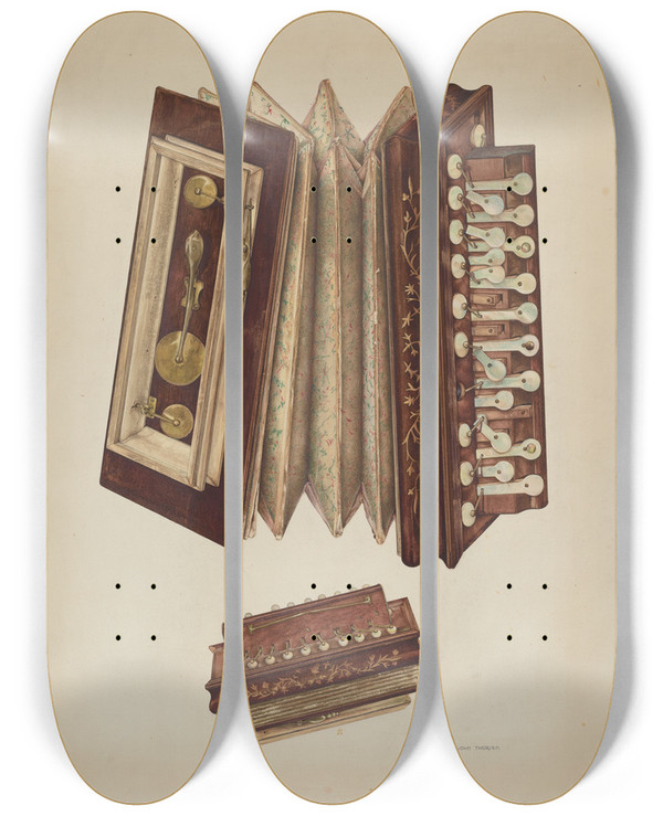 Triptych art skateboard deck of John Thorsen Womans Accordian by John Thorsen