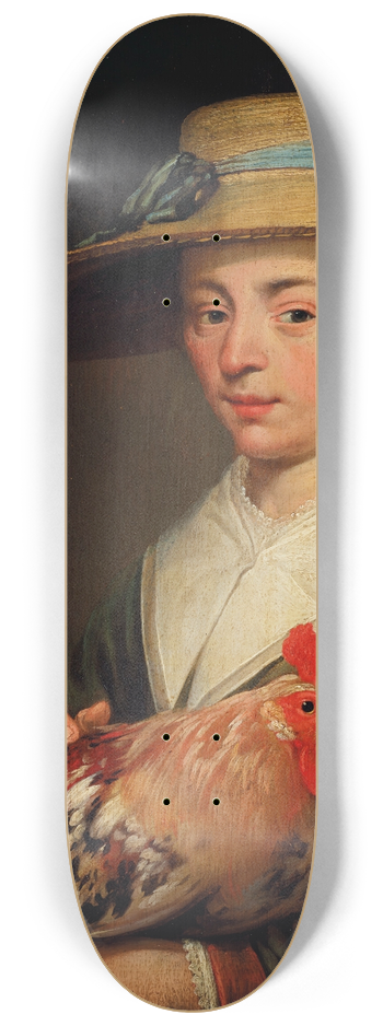 Jacob Gerritsz Cuyp - A young woman wearing a straw hat and holding a hen and a basket of eggs 8.25 inch art skate deck