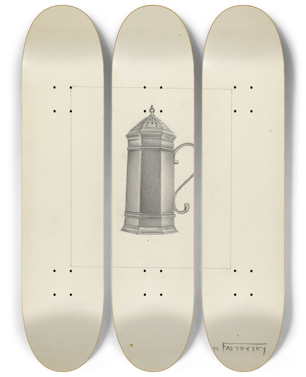 Triptych art skateboard deck of Aaron Fastovsky Silver Salt Cellar by Aaron Fastovsky