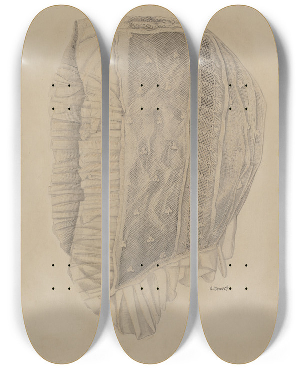 Triptych art skateboard deck of Raymond Manupelli Childs Lace Cap by Raymond Manupelli
