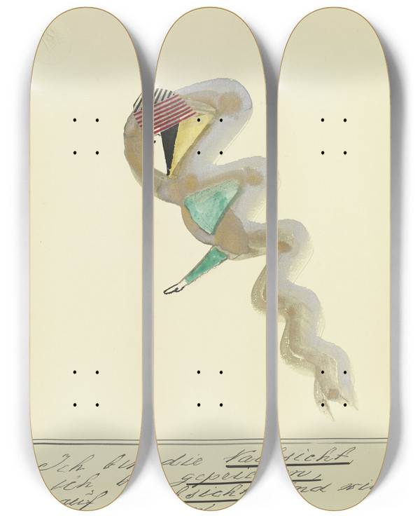 Triptych art skateboard deck of John Elsas Ich Bin Die Nachsicht by John Elsas (1851-1935)