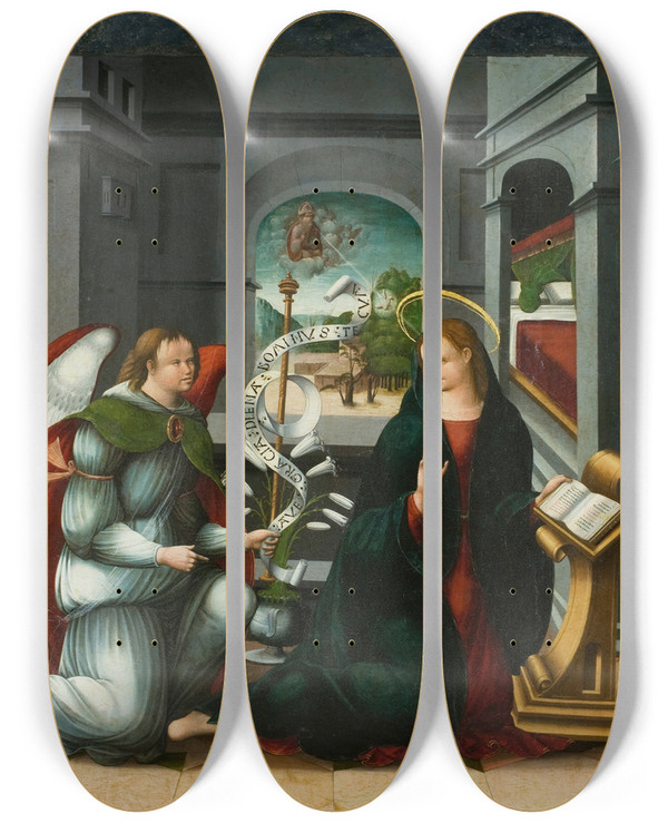 Triptych art skateboard deck of Andrs De Melgar Annunciation by Andrs de Melgar (1554)