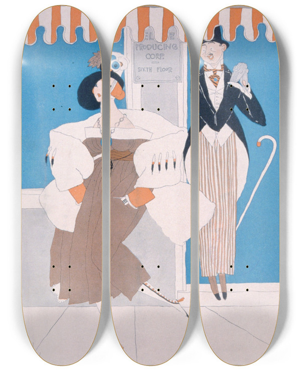Triptych art skateboard deck of Ralph Barton The Manager Discovers Great Histrionic Ability by Ralph Barton (1891-1931)