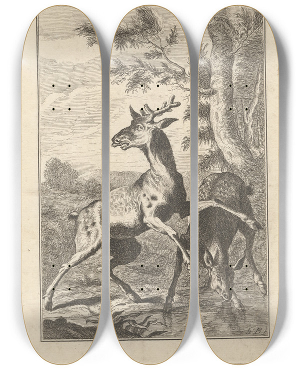 Triptych art skateboard deck of George Bickham The Younger Two Deer by George Bickham the Younger (1706-1771)