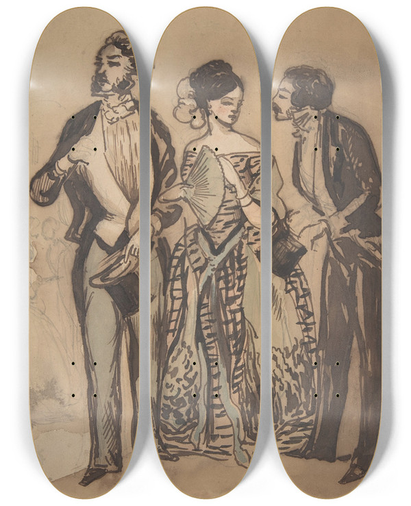 Triptych art skateboard deck of Constantin Guys Two Gentlemen And A Lady by Constantin Guys (1805-1892)
