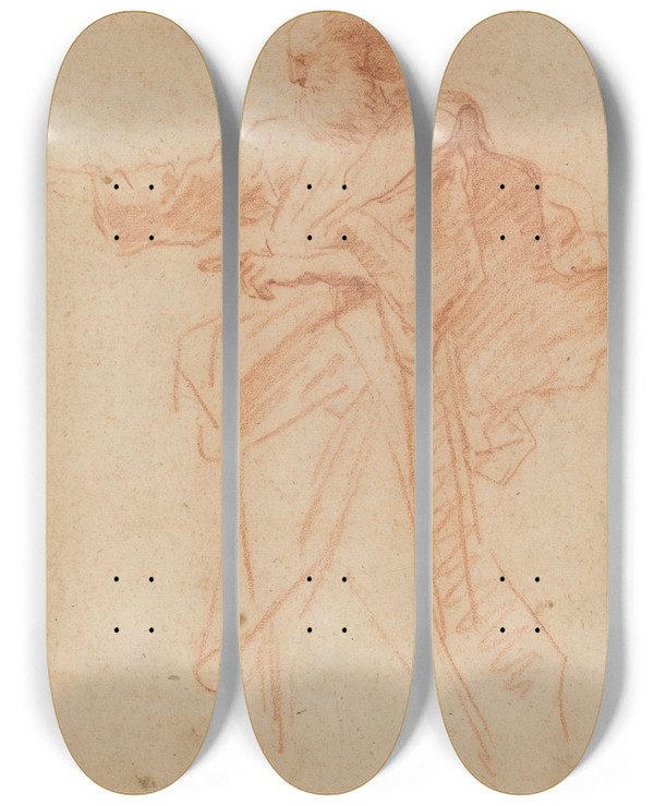 Triptych art skateboard deck of Italian 17Th Century Standing Bearded Man Pointing Toward The Left by Italian 17th Century