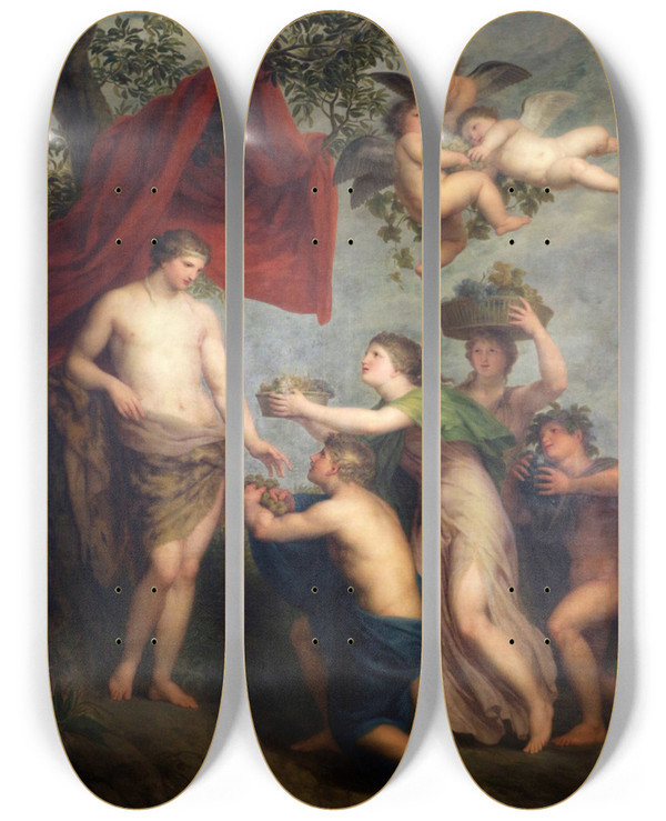 Triptych art skateboard deck of Andries Cornelis Lens Offerta A Bacco by Andries Cornelis Lens (1739-1822)