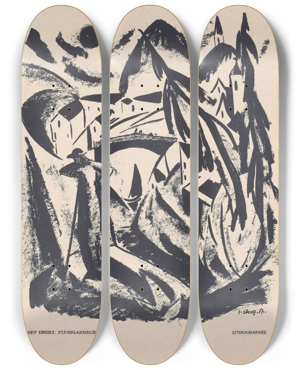 Triptych art skateboard deck of Josef Eberz Flusslandschaft by Josef Eberz (1880-1942)