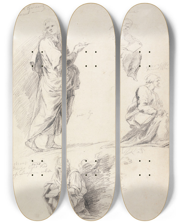 Triptych art skateboard deck of Sir Joshua Reynolds Sheet Of Figure Studies From Raphaels Disputation_3 by Sir Joshua Reynolds (1723-1792)