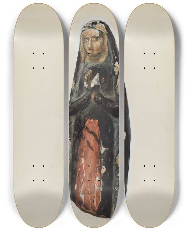 Triptych art skateboard deck of Majel G Claflin Bulto Virgin by Majel G Claflin (1893-1941)