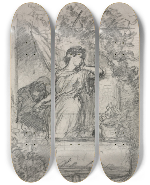 Triptych art skateboard deck of Celestin Nanteuil On The Balcony by Celestin Nanteuil (1813-1873)