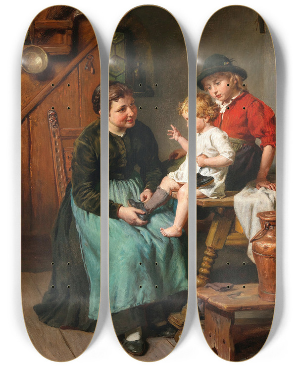 Triptych art skateboard deck of Felix Schlesinger The First Shoe by Felix Schlesinger (1833-1910)