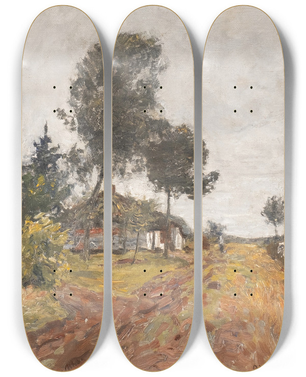 Triptych art skateboard deck of August Jernberg Cottage By The Wayside by August Jernberg (1826-1896)