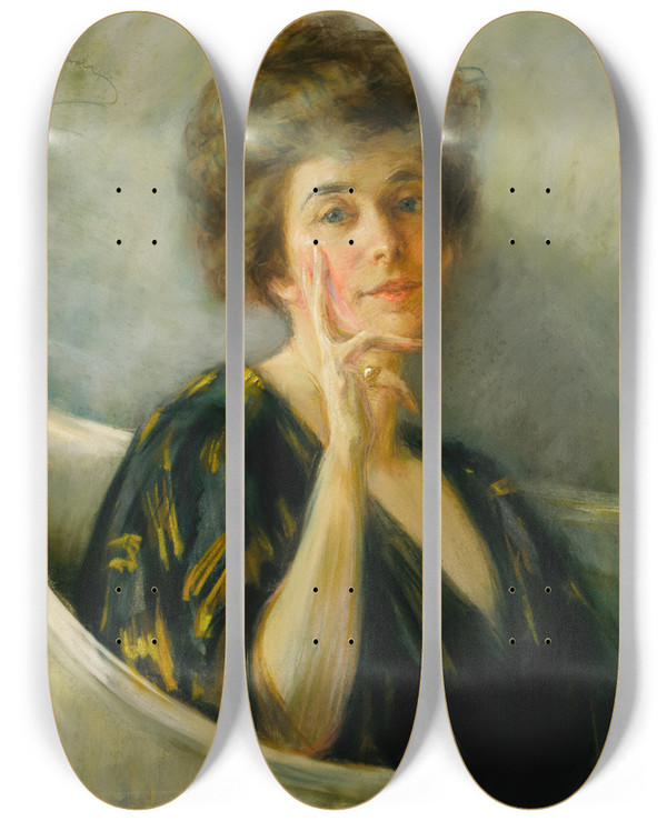 Triptych art skateboard deck of Alice Pike Barney Selfportrait In Repose by Alice Pike Barney (1857-1931)