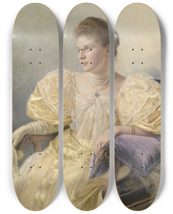 Triptych art skateboard deck of Carl Bunzl Portrt Einer Eleganten Dame In Gelbem Kleid by Carl Bunzl (1836-1916)