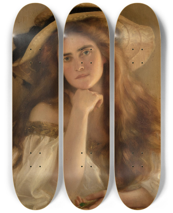 Triptych art skateboard deck of Albert Lynch Young Woman In A Large Picture Hat by Albert Lynch (1860-1950)