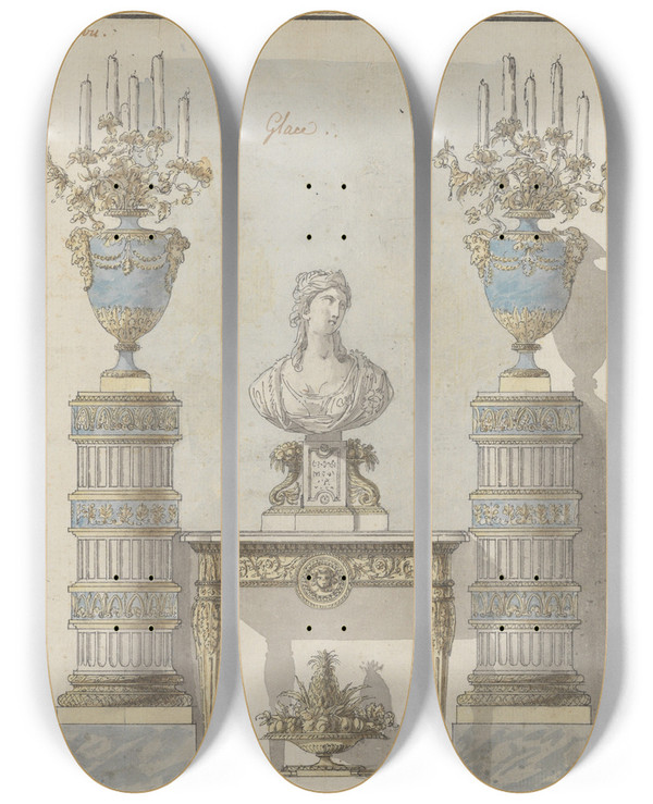 Triptych art skateboard deck of Jean Dmosthne Dugourc Wall Elevation For A Salon by Jean Demosthene Dugourc (1749-1825)