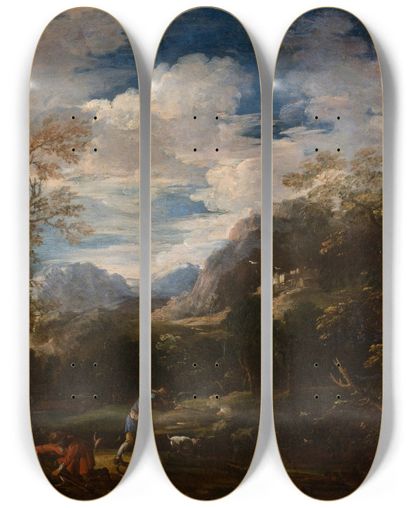 Triptych art skateboard deck of Antonio Maria Marini A Hunt by Antonio Maria Marini (1668-1725)