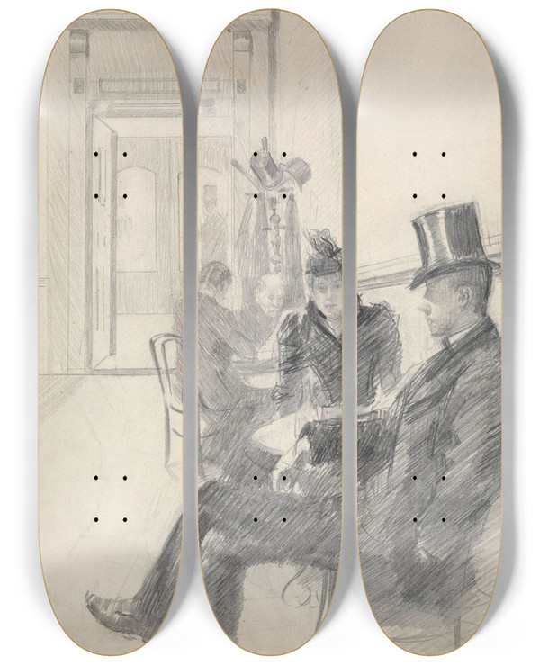 Triptych art skateboard deck of Christian Krohg Thorolf Holmboe Og Frue P Grand Caf by Christian Krohg (1852-1925)