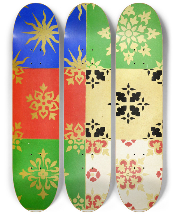 Triptych art skateboard deck of Augustus Pugin Patterns Of Powdering 1 by Augustus Pugin (1812-1852)