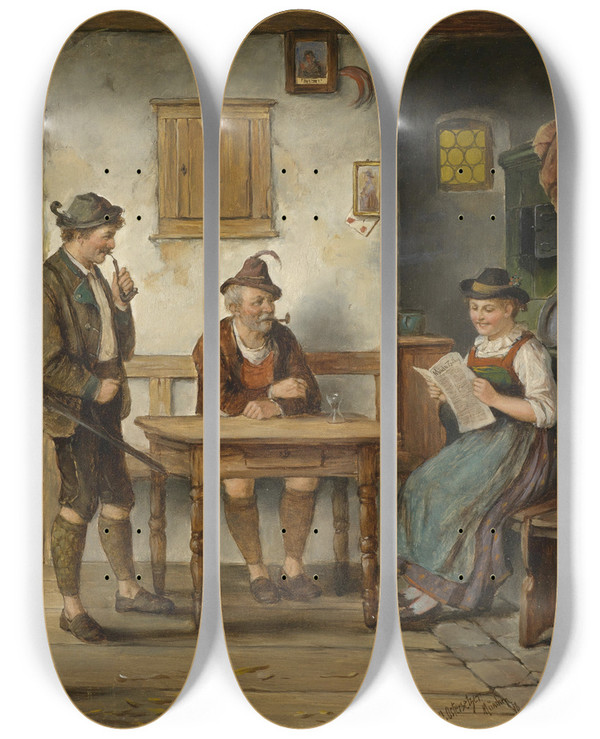 Triptych art skateboard deck of Carl Ostersetzer Jgerlatein by Carl Ostersetzer (1850-1914)