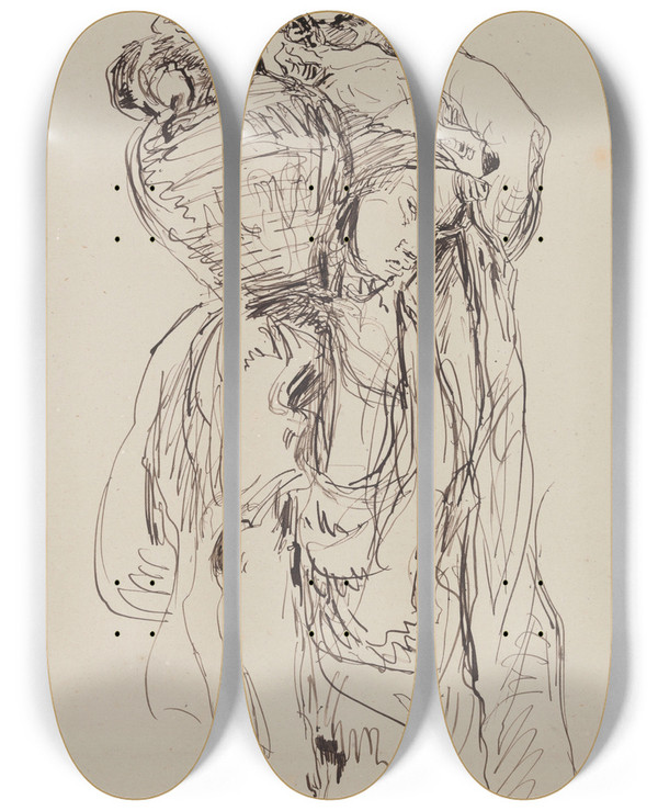 Triptych art skateboard deck of James Ensor Algerian Woman With Pitcher by James Ensor (1860-1949)