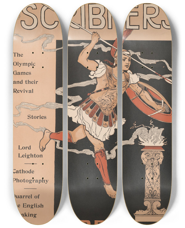 Triptych art skateboard deck of Henry Mayer Scribners April by Henry Mayer (1868-1954)