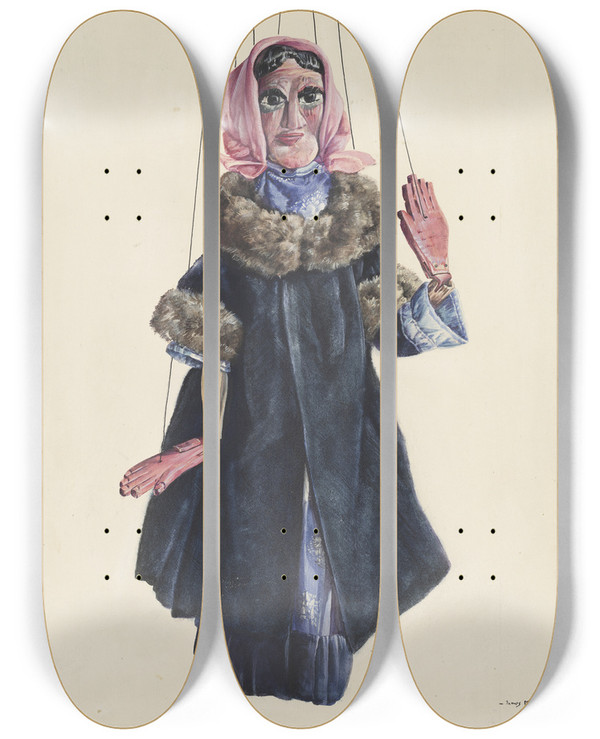 Triptych art skateboard deck of James Mclellan Lady Marionette by James Mclellan