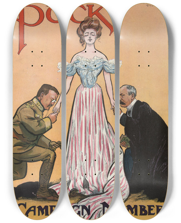 Triptych art skateboard deck of Frank Arthur Nankivell Campaign Number by Frank Arthur Nankivell (1869-1959)