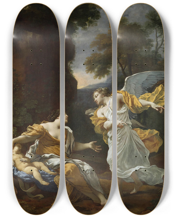 Triptych art skateboard deck of Michel Dorigny Hagar And The Angel by Michel Dorigny (1617-1665)