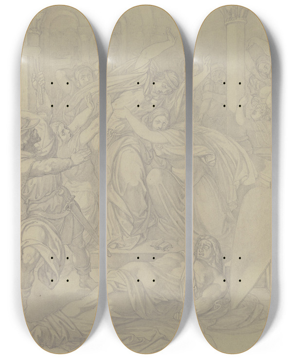 Triptych art skateboard deck of Ferdinand Fellner Kriemhilds Klage Um Die Leiche Siegfrieds by Ferdinand Fellner (1799-1859)