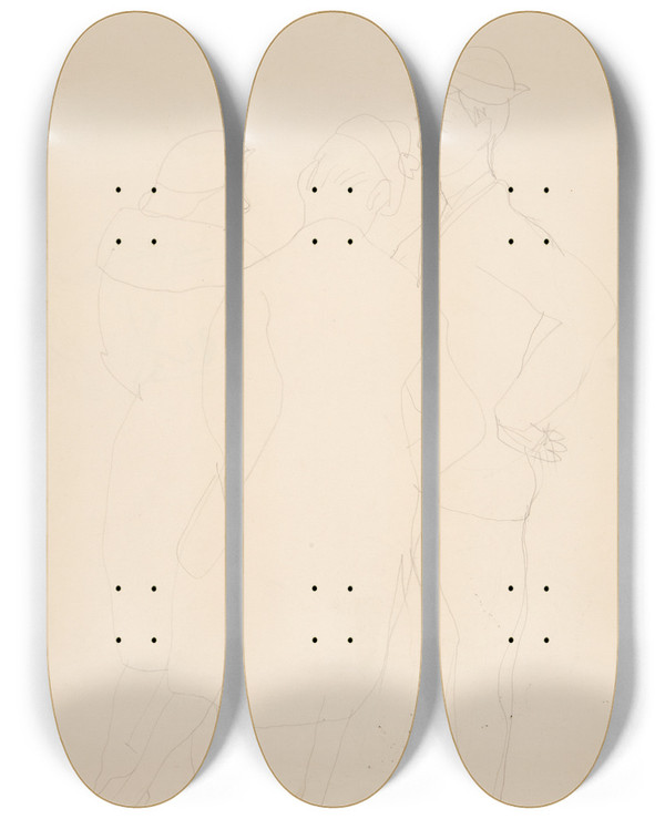 Triptych art skateboard deck of Charles Demuth Woman With Two Sailors by Charles Demuth (1883-1935)