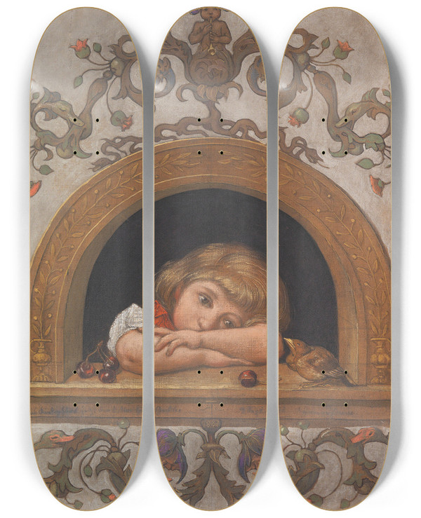 Triptych art skateboard deck of Hans Thoma Ella Am Halbrunden Fenster by Hans Thoma (1839-1924)