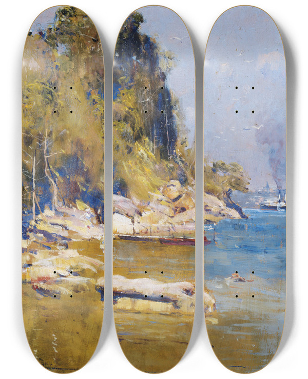 Triptych art skateboard deck of Arthur Streeton From My Camp Sirius Cove by Arthur Streeton (1867-1943)