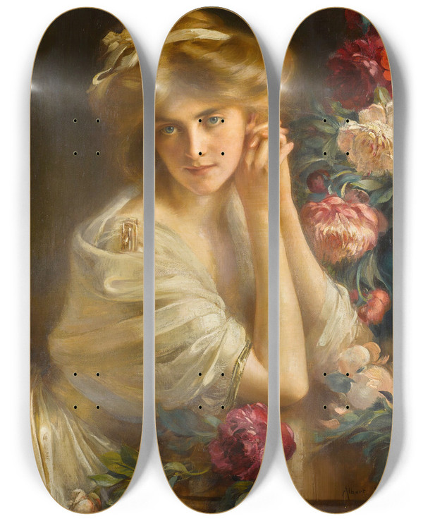 Triptych art skateboard deck of Albert Lynch Dolce Far Niente by Albert Lynch (1860-1950)