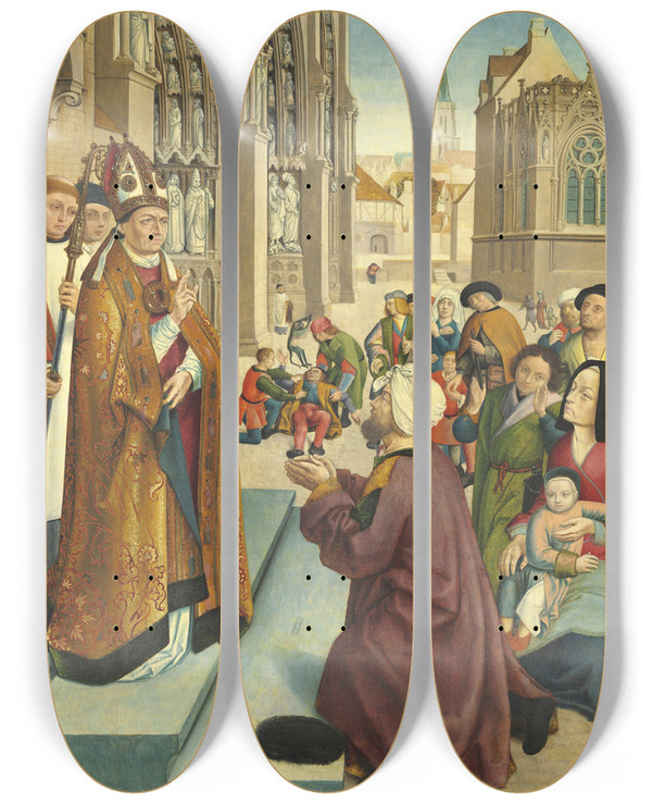 Triptych art skateboard deck of Master Of Saint Giles And Assistant Episodes From The Life Of A Bishop Saint by Master of Saint Giles and Assistant (16-)