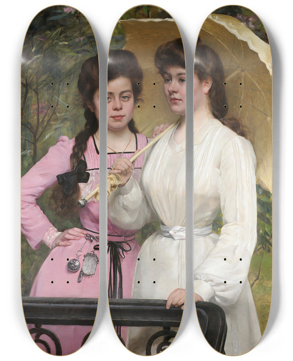 Triptych art skateboard deck of Charles Boom Sisters by Charles Boom (1858-1939)