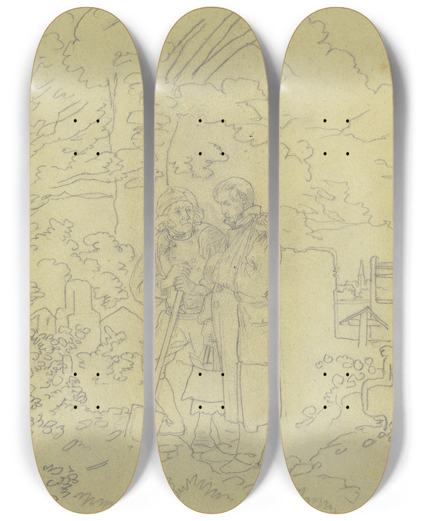 Triptych art skateboard deck of Jakob Becker Ein Soldat Mit Dem Arm In Einer Schlinge Auf Dem Friedhof Im Gesprch Mit Einem Totengrber by Jakob Becker (1810-1872)