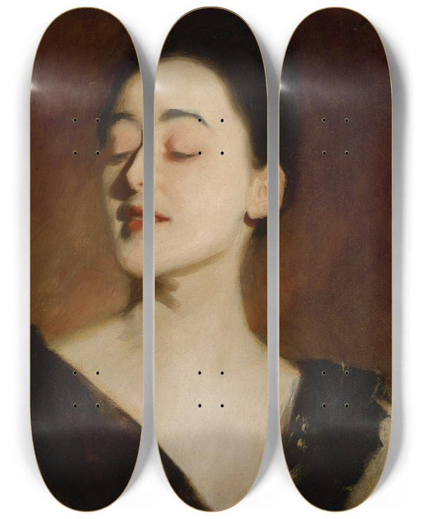 Triptych art skateboard deck of John Singer Sargent Flora Priestley Lamplight Study by John Singer Sargent (1856-1925)