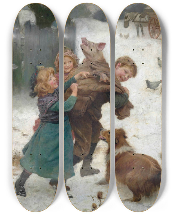 Triptych art skateboard deck of Arthur John Elsley Hold Tight by Arthur John Elsley (1860-1952)