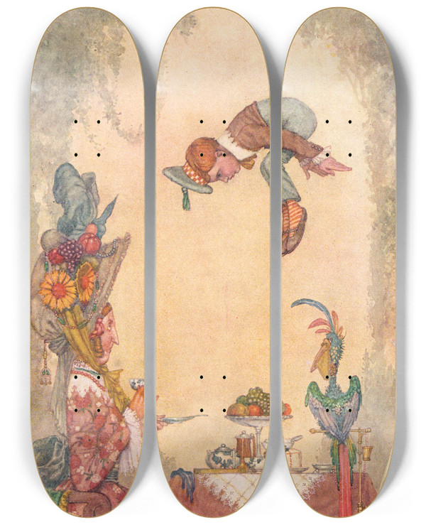 Triptych art skateboard deck of William Heath Robinson I Fell From My Position by William Heath Robinson (1872-1944)