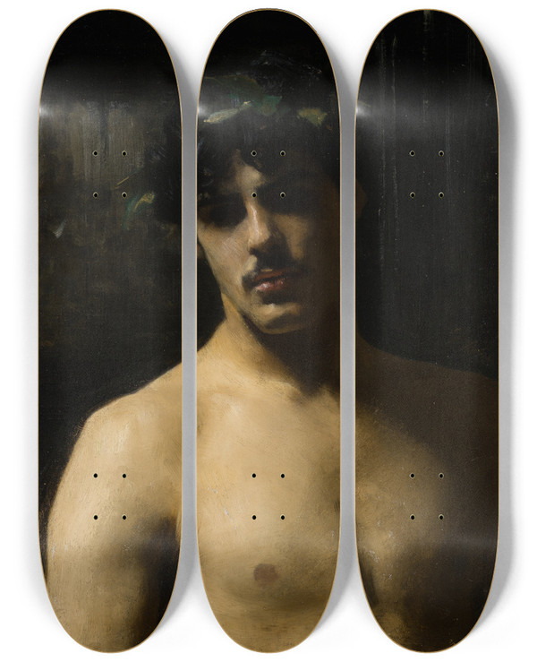 Triptych art skateboard deck of John Singer Sargent Man Wearing Laurels by John Singer Sargent (1856-1925)