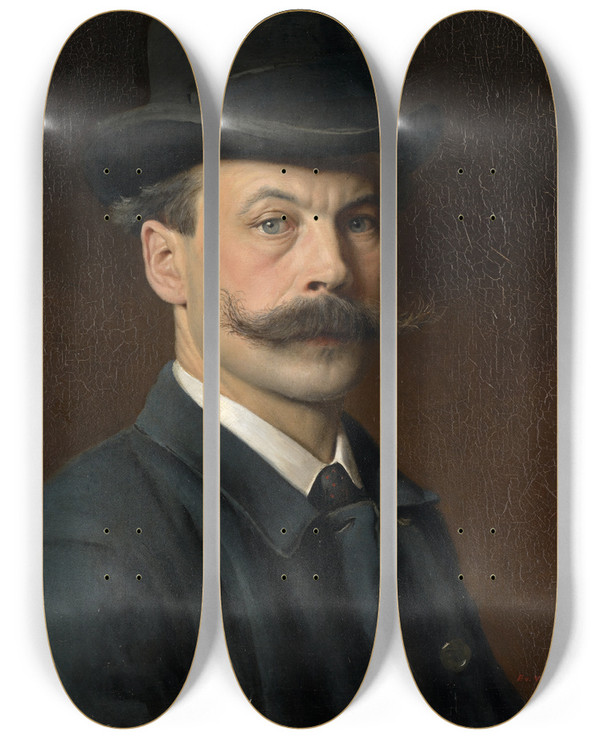 Triptych art skateboard deck of Evert Louis Van Muyden Selfportrait by Evert Louis Van Muyden (1853-1922)
