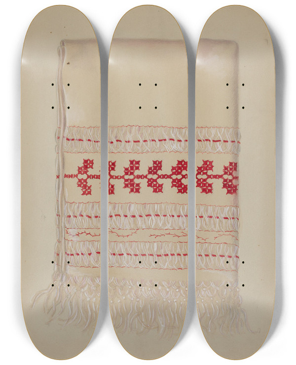 Triptych art skateboard deck of Eva Wilson Linen Towel_1 by Eva Wilson