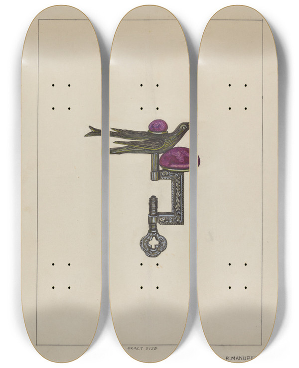 Triptych art skateboard deck of Raymond Manupelli Pincushion And Thread Holder by Raymond Manupelli